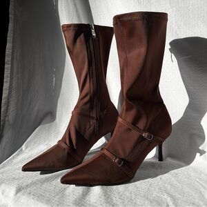 Public Desire ASOS heeled pointed toe pull on boots buckles chocolate brown